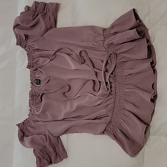 Shein Off Shoulder Tie Front Ruffle Hem Blouse NWOT - Picture 2 of 12